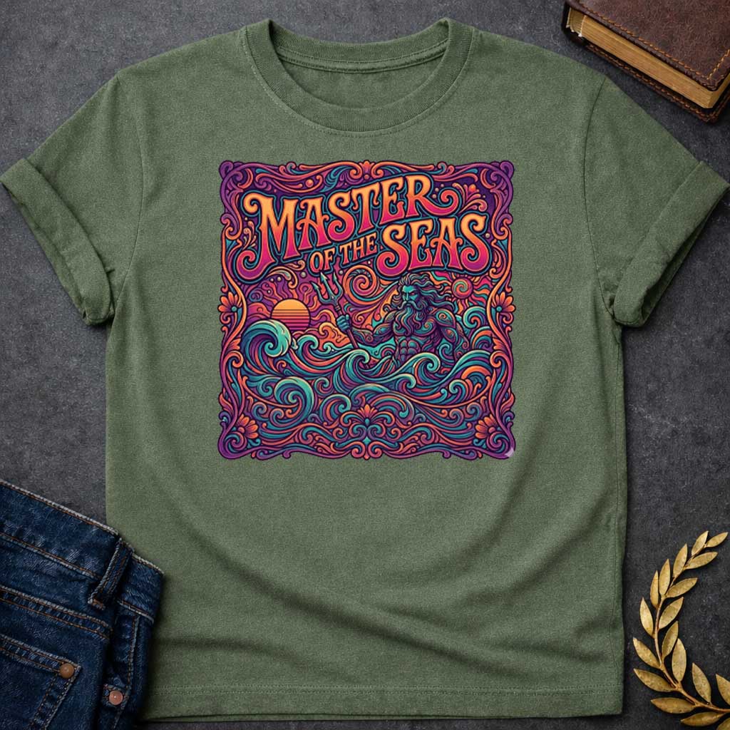 Military Green T-shirt graphic featuring a vibrant psychedelic 1970s-inspired illustration of Poseidon, the Greek God of the Sea, rising from swirling ornate waves while holding a trident, with a retro sunset on the left, all enclosed in an intricate decorative scrollwork and floral border. Bold groovy hand-lettered text arched across the top reads "Master of the Seas" in orange and teal, rendered in a rich kaleidoscopic palette of teal, orange, purple, and pink