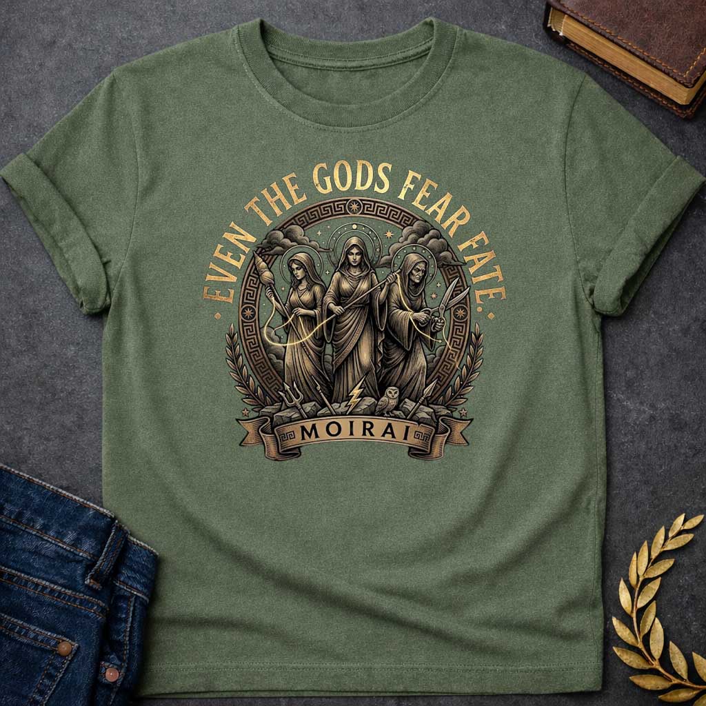 Military Green T-shirt graphic featuring a detailed vintage engraving-style circular badge design in gold and dark brown tones. Three robed figures representing the Moirai, the Greek Fates, stand together at the center — the first holding a spindle and thread, the middle holding a measuring rod with a lightning bolt at her feet, and the eldest holding scissors poised to cut — with an owl perched below them, framed by a Greek meander border, laurel branches, and divine halos. Gold distressed text arches abov