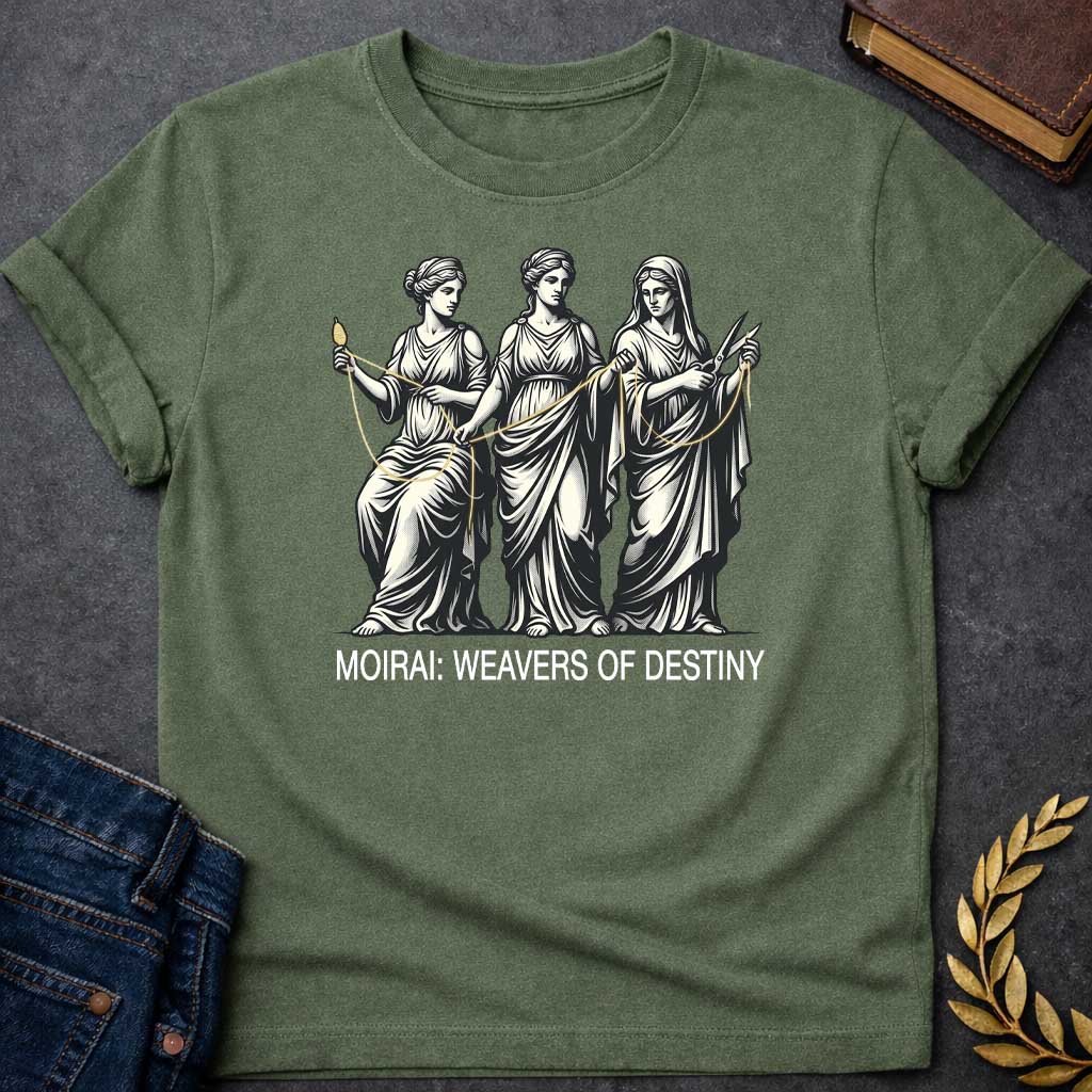 Military Green T-shirt graphic in cream and gold on black featuring a detailed classical engraving-style illustration of the three Moirai, the Greek Fates, depicted as robed women in draped Grecian gowns — the first seated and spinning a golden thread from a spindle, the middle measuring and guiding the thread, and the third holding scissors ready to cut — with a single golden thread visibly connecting all three figures. Bold white sans-serif text below reads "Moirai: Weavers of Destiny,"
