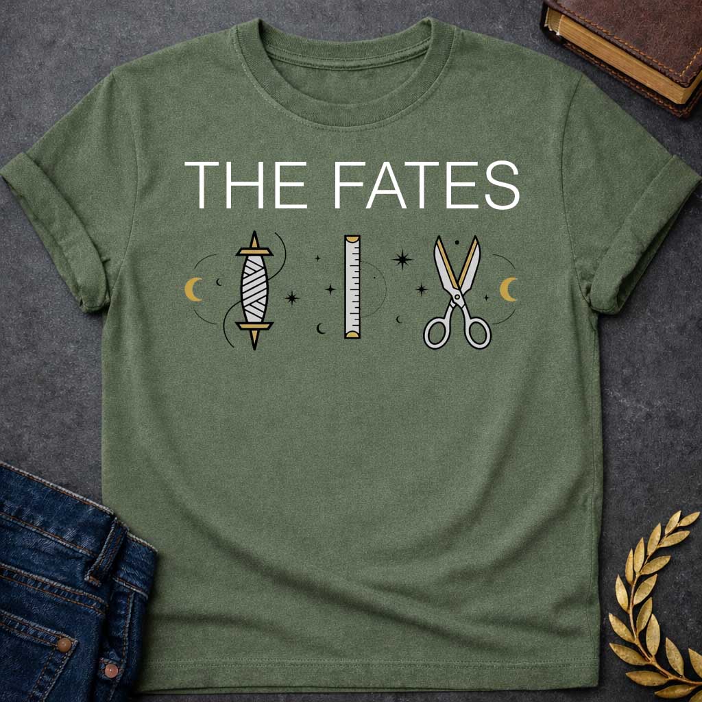 Military Green T-shirt graphic featuring large bold white text reading "The Fates" above three minimalist icons representing the tools of the Moirai, the Greek Fates — a spindle with thread, a measuring ruler, and a pair of scissors — each surrounded by subtle crescent moons and celestial star details, rendered in white and gold tones