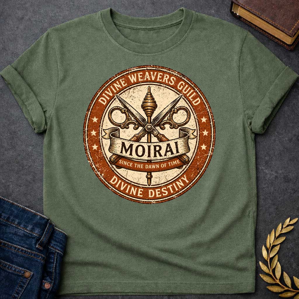 Military Green T-shirt graphic featuring a distressed vintage trade guild seal design in burnt orange, cream, and dark brown. A central spindle crossed with ornate decorative scissors forms the badge's main emblem, with a scroll banner reading "Moirai" and a smaller ribbon below reading "Since the Dawn of Time." The outer ring reads "Divine Weavers Guild" arched above and "Divine Destiny" arched below, with small stars evenly spaced around the border, rendered in a weathered aged stamp style,