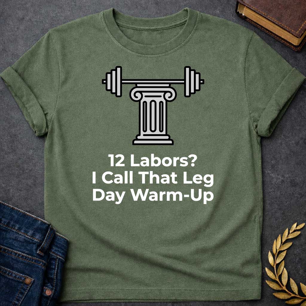Military Green T-shirt with a graphic design. At the top, there is a gray illustration of a classical Greek column supporting a barbell with weight plates on both sides. Below the illustration, the white text reads: "12 Labors? I Call That Leg Day Warm-Up"
