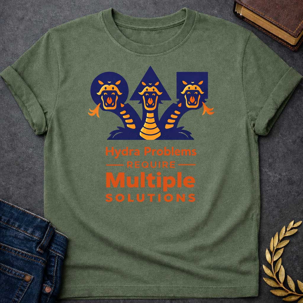 Military Green T-shirt with a graphic featuring a bold modern illustrated design of the Hydra, the multi-headed serpent of Greek mythology, depicted as three snarling orange and navy snake heads rising against geometric navy shapes a circle, triangle, and rectangle.  Bold orange text below reads "Hydra Problems Require Multiple Solutions" with "Require" flanked by horizontal rules in a smaller weight