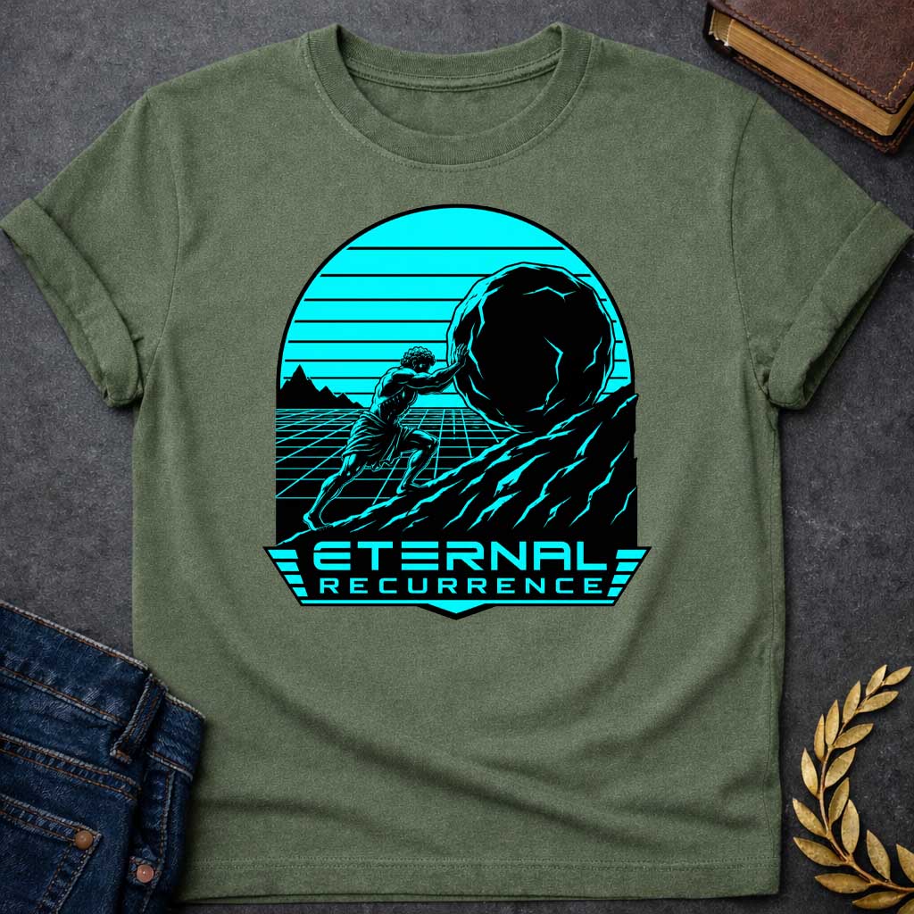 Military Green T-Shirt with a stylized, synthwave-inspired graphic design.  The illustration features a muscular figure representing Sisyphus pushing a large boulder up a rocky hill. The background is a cyan-colored grid landscape with a setting sun, typical of 1980s retro aesthetics, all contained within an arched frame. Below the illustration, in a futuristic, bold cyan font, is the text "ETERNAL RECURRENCE,"