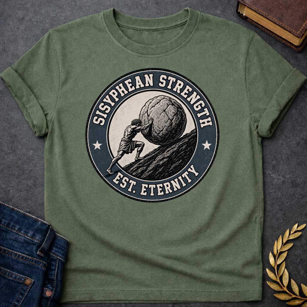 Military Green T-Shirt with a circular, vintage-style badge design.  The illustration features a woodcut-style depiction of Sisyphus pushing a massive boulder up a steep, rocky hill. Encircling the artwork is a dark blue, textured border with the text "SISYPHEAN STRENGTH" arched at the top and "EST. ETERNITY" at the bottom, accented by a small white star on either side