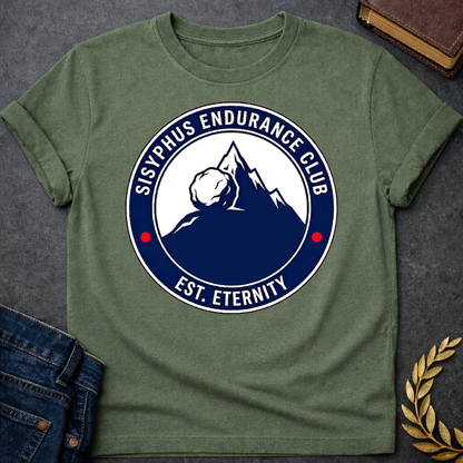 Military Green T-Shirt with a circular, emblem-style graphic design. The center features a dark blue silhouette of a mountain with a large boulder resting near the peak. Surrounding this illustration is a dark blue ring with white text that reads "SISYPHUS ENDURANCE CLUB" arched at the top and "EST. ETERNITY" at the bottom, with two small red dots separating the text on the sides.
