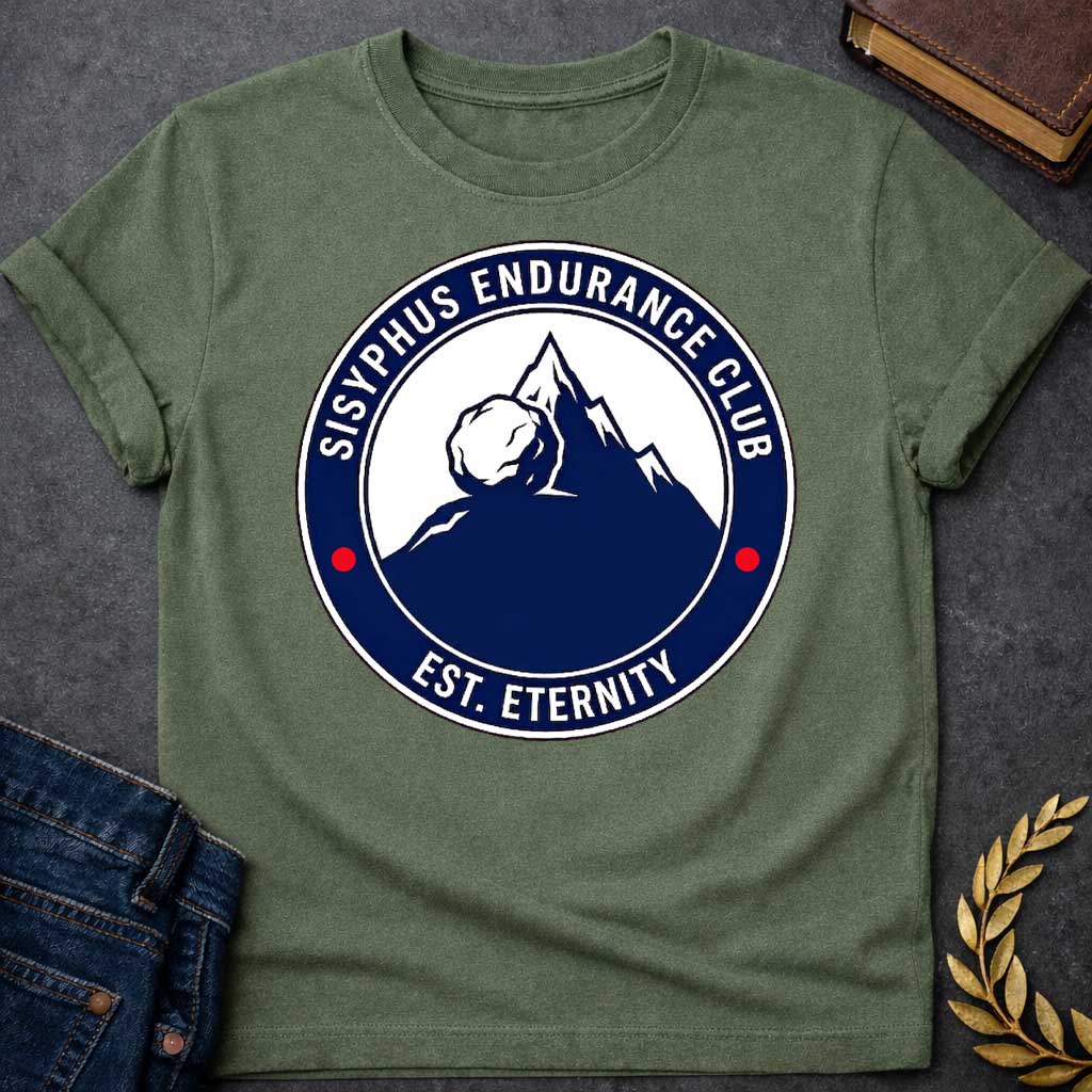 Military Green T-Shirt with a circular, emblem-style graphic design. The center features a dark blue silhouette of a mountain with a large boulder resting near the peak. Surrounding this illustration is a dark blue ring with white text that reads "SISYPHUS ENDURANCE CLUB" arched at the top and "EST. ETERNITY" at the bottom, with two small red dots separating the text on the sides.