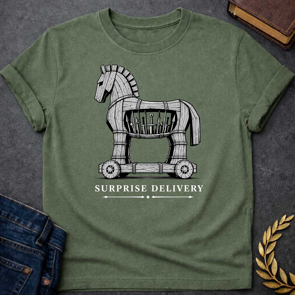 Military Green T-shirt with a graphic in black and white featuring a highly detailed realistic ink illustration of the Trojan Horse constructed from weathered wood planks bound with rope on a wheeled platform, with spears and a sword visibly hidden inside its hollow body. Elegant spaced serif text below with decorative arrow dividers reads "Surprise Delivery" — a humorous reference to the Greek legend of the Trojan War