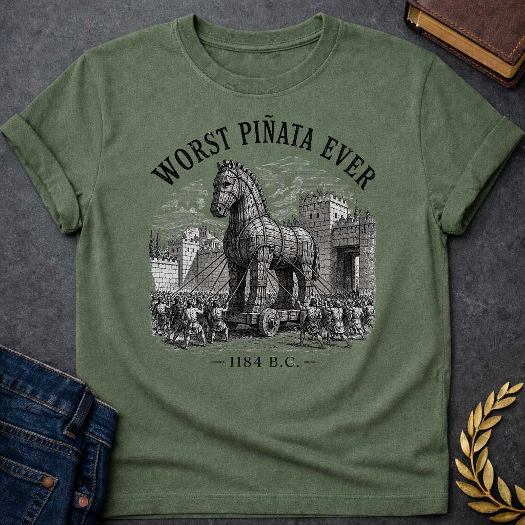 Military Green T-Shirt with a detailed, woodcut-style graphic design. The central illustration depicts the wooden Trojan Horse being pulled on a wheeled platform by many figures using ropes toward the stone gates of a walled city. Arched over the top of the scene in a distressed, black serif font is the text "WORST PIÑATA EVER." At the bottom of the design, the year "1184 B.C." is printed between two horizontal decorative dashes
