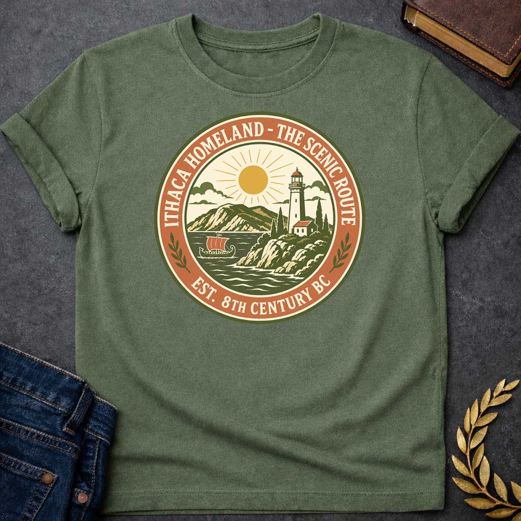 Military Green T-Shirt with a Circular badge design for Ithaca Homeland - The Scenic Route, established 8th Century BC. The vintage-style emblem features a coastal Mediterranean landscape with a lighthouse, small white building with red roof, cypress trees, and rolling hills in the background. A golden sun with radiating rays shines above the scene, while stylized waves crash in the foreground. A traditional Greek ship with an orange sail floats on the water. The design uses an earthy color palette of olive