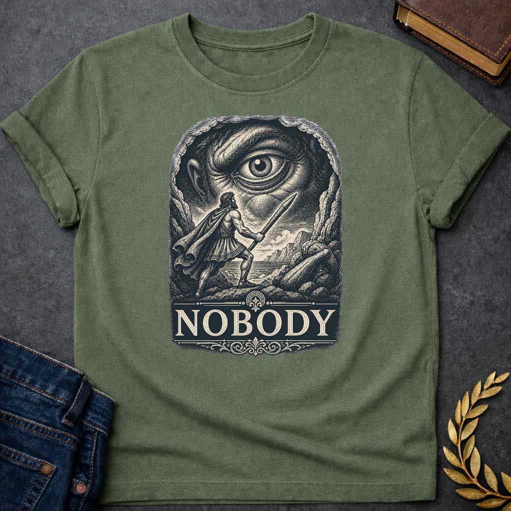 Military Green T-Shirt with a Vintage engraving illustration of Odysseus confronting Polyphemus the Cyclops. A Greek warrior in armor wields a wooden stake, facing an enormous eye that dominates the composition. The scene is rendered in intricate crosshatching with cream and dark blue-black tones. At the bottom, ornate typography spells 'NOBODY' in classical serif letters, referencing Odysseus's famous trick of calling himself 'Nobody' to escape the Cyclops. 