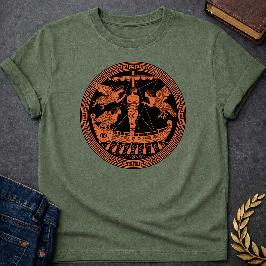 Military Green T-Shirt with an Ancient Greek red-figure pottery design depicting Odysseus lashed to the mast of his ship as he encounters the Sirens. A bearded man is bound to the central mast, surrounded by three winged Sirens with women's heads and birds' bodies. The ship features an eye on the hull, oars, and decorative scrollwork. Rendered in terracotta orange against black, enclosed in a Greek key border. Represents the Homeric episode where Odysseus hears the Sirens' song without succumbing to their a