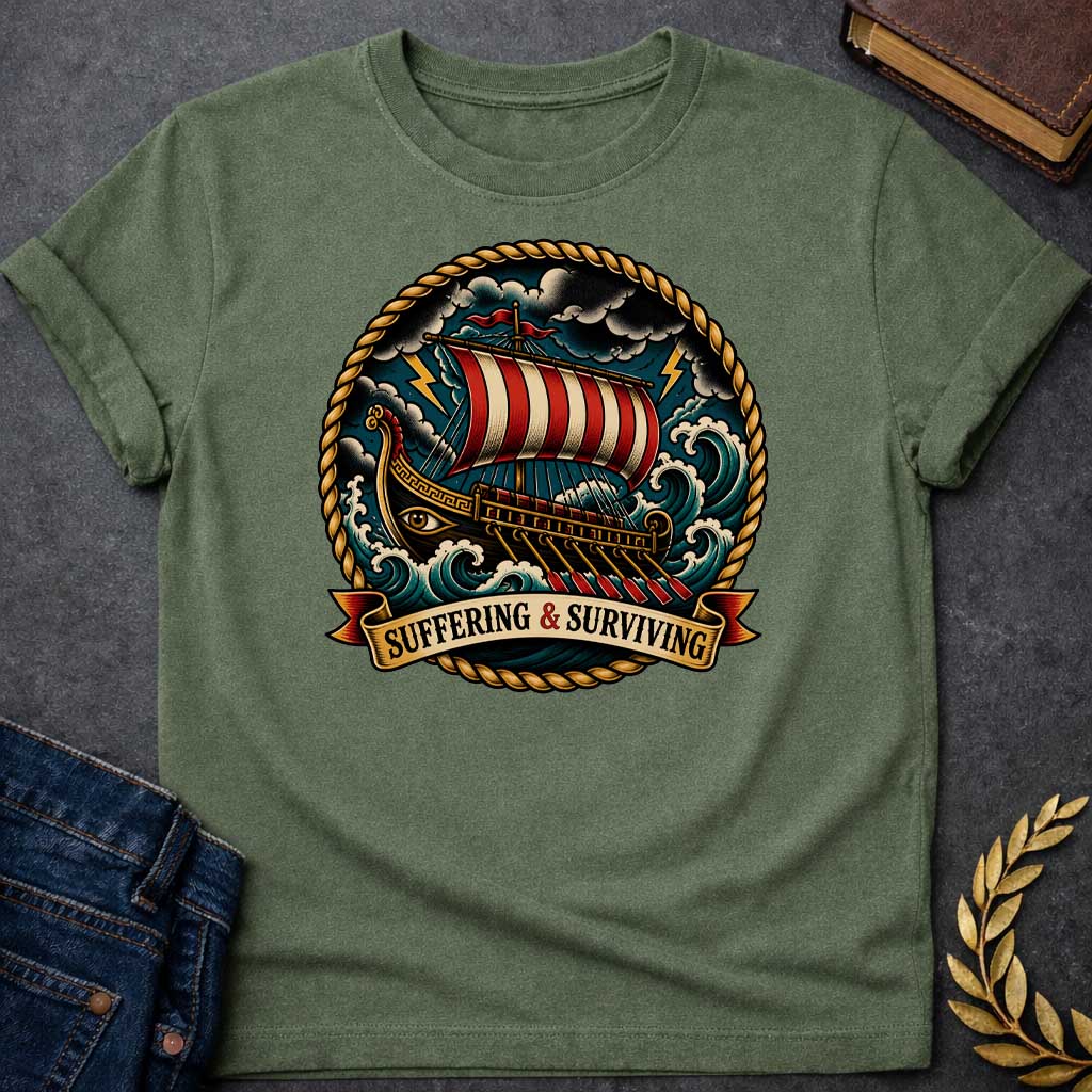 Military Green T-Shirt with a traditional tattoo-style illustration of a Greek warship battling through a storm at sea, enclosed in a circular rope border. The vessel features an eye on its dark hull, red and cream striped sail, and multiple oars. The ship navigates turbulent teal waves under stormy skies with yellow lightning bolts. A ribbon banner reads 'SUFFERING & SURVIVING.' Rendered in bold vintage tattoo aesthetic with deep teals, reds, golds, and blacks, emphasizing perseverance through adversity.