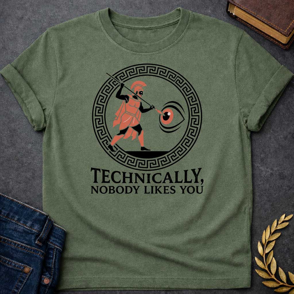 Military Green T-Shirt with a humorous Greek mythology design showing Odysseus blinding Polyphemus, rendered in ancient pottery style. A Greek warrior in terracotta and black wears a crested helmet and thrusts a spear toward a large eye. Enclosed in a Greek key pattern border. Bold text reads 'TECHNICALLY, NOBODY LIKES YOU' - a clever play on the Odyssey episode where Odysseus tells the Cyclops his name is 'Nobody.' Combines classical Greek aesthetic with modern dark humor.