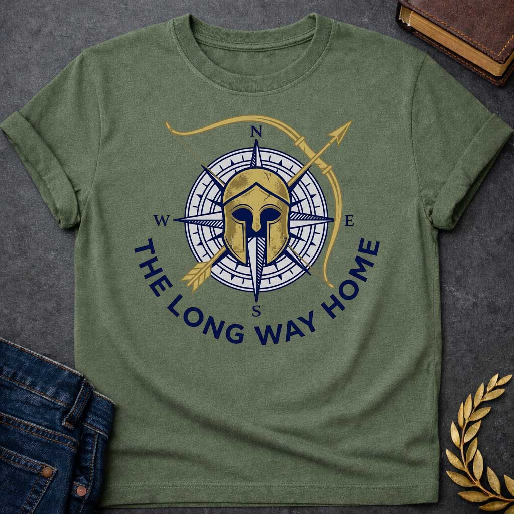 Military Green T-Shirt with a logo design combining Greek warrior imagery with nautical navigation elements. A weathered gold Corinthian helmet overlays a navy blue and white compass rose showing cardinal directions (N, S, E, W). A golden bow and arrow cross diagonally behind. Text reading 'THE LONG WAY HOME' curves around the bottom in navy blue. References Odysseus's epic journey in Homer's Odyssey, blending ancient Greek military symbolism with maritime wayfinding to evoke adventure, perseverance, and th
