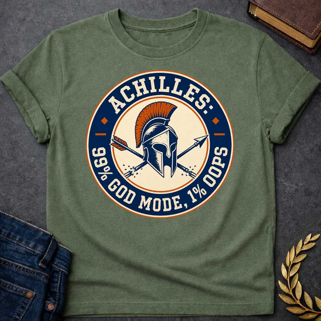 Military Green T-Shirt with a circular badge design in navy blue, cream, and burnt orange featuring a Greek Corinthian helmet with orange horsehair crest, crossed by two arrows. Styled like a vintage achievement badge. Text reads 'ACHILLES:' at top, '99% GOD MODE, 1% OOPS' at bottom. Humorously references Achilles and his famous vulnerability—his heel—suggesting he was nearly invincible (99% in 'god mode') except for one fatal weakness (1% 'oops'). Distressed, retro aesthetic mimics vintage sports or gaming