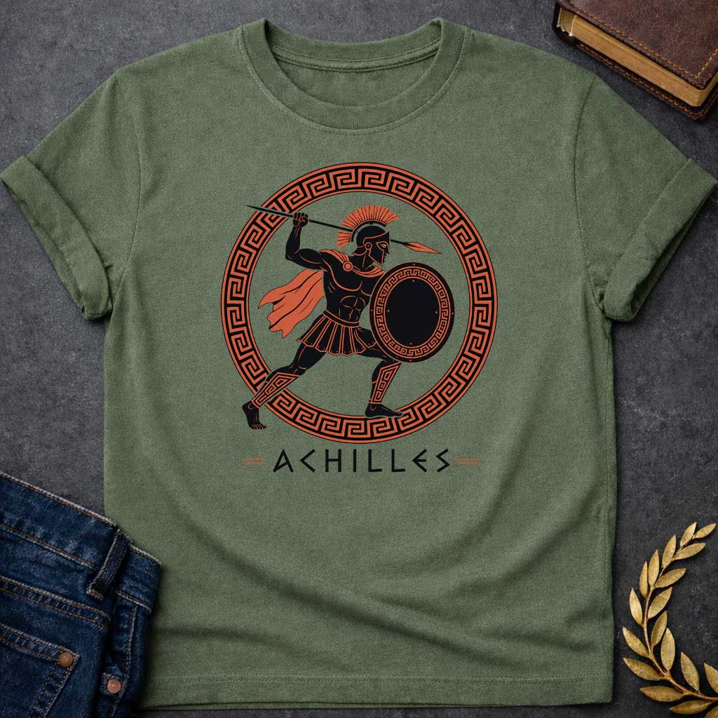Military Green T-Shirt with an ancient Greek red-figure pottery style illustration of Achilles in dynamic battle pose. The muscular figure is rendered in black silhouette with terracotta-orange details, wearing a crested Corinthian helmet, pleated skirt, flowing cape, and greaves. He holds a round shield with Greek key pattern and raises a spear overhead. Enclosed in a circular border with orange and black meander pattern. Below, 'ACHILLES' is written in geometric font. Evokes classical Greek pottery art.
