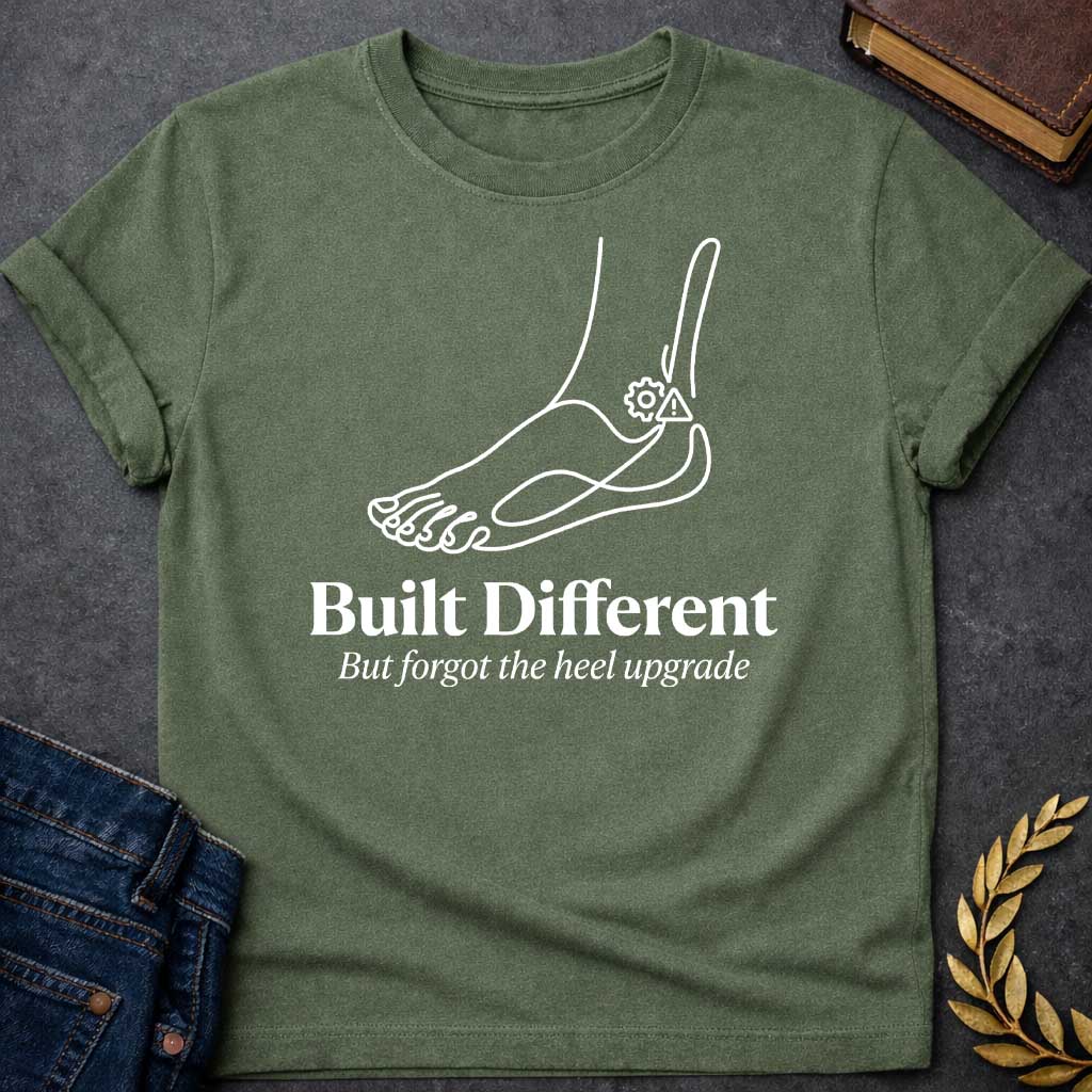 Military Green T-Shirt with a minimalist line drawing of a human foot and ankle in dark gray profile, with a gear and a warning triangle icon near the heel. Below, bold serif text reads 'Built Different' and italicized text says 'But forgot the heel upgrade.' This design is a humorous, modern take on the myth of Achilles, playing on the slang 'built different' while joking that the hero's famous weakness was like a manufacturing defect or a forgotten software update 