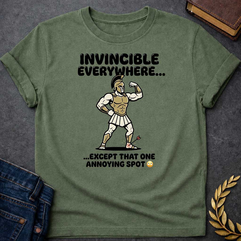Military Green T-Shirt with a humorous cartoon of a muscular Greek warrior in a bodybuilder pose, flexing his bicep. Wears gold Corinthian helmet, chest armor, white skirt, and greaves with exaggerated muscles. An arrow with target symbol has struck his heel. Text reads 'INVINCIBLE EVERYWHERE...' above and '...EXCEPT THAT ONE ANNOYING SPOT' with eye-roll emoji below. Comedic reference to Achilles' famous vulnerability—his heel was his only weak point. Cartoon style and modern slang create a lighthearted Gre