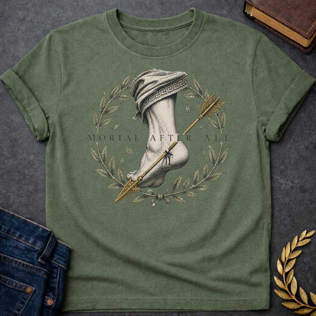 Military Green T-Shirt with a classical engraving-style illustration depicting Achilles' fatal vulnerability. A muscular leg and foot rendered in detailed cross-hatching, draped in cloth with Greek key pattern. A golden arrow pierces the heel. Framed by a laurel wreath with olive-green leaves and falling leaves, symbolizing victory and mortality. Elegant serif text reads 'MORTAL AFTER ALL.' Muted tones of cream, grey, olive green, and gold create a somber quality reflecting Achilles' death by arrow to his o