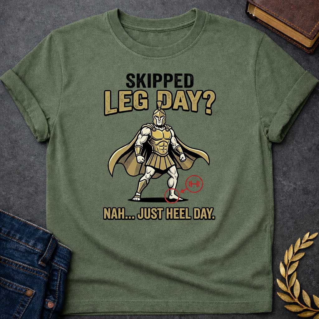 Military Green T-Shirt with a humorous cartoon combining Greek mythology with gym culture. A muscular Greek warrior in heroic stance wears gold Corinthian helmet, armor with defined abs, pleated skirt, and cape. The warrior has an exaggerated upper body but the left heel is circled in red with an arrow pointing to a barbell icon. Text reads 'SKIPPED LEG DAY?' above and 'NAH... JUST HEEL DAY' below. Comedic mashup referencing Achilles' vulnerable heel and the modern fitness joke about skipping leg day.