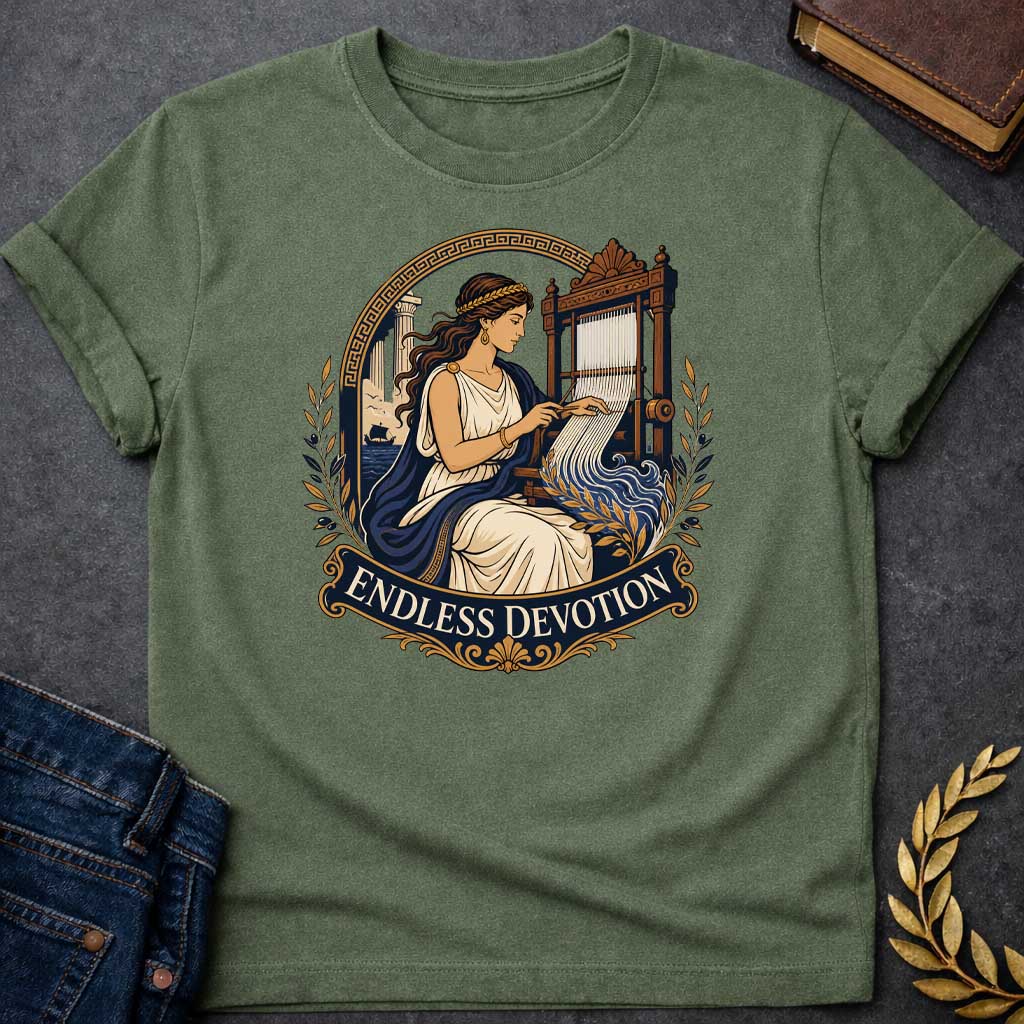 Military Green T-Shirt with a classical illustration of Penelope from Greek mythology, seated at an ornate wooden loom, weaving. She wears a cream chiton with navy blue drape and a golden laurel crown, with long wavy brown hair. Behind her, a Greek temple column and ship at sea are visible. The scene is framed by a Greek key pattern arch and olive branches. An ornate banner below reads 'ENDLESS DEVOTION.' Rich colors of navy, cream, gold, and brown depict Penelope's faithful waiting for Odysseus' return.