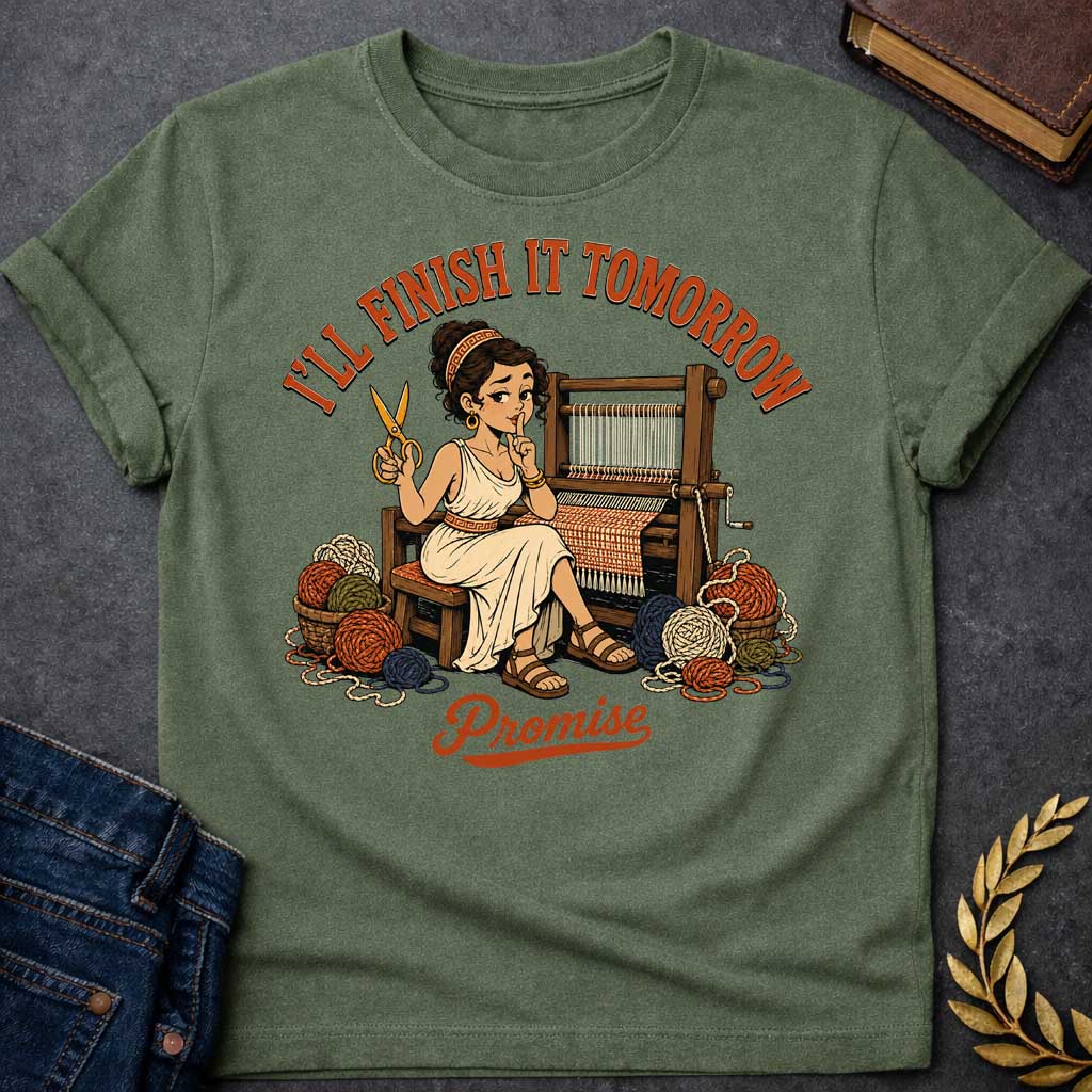 Military Green T-Shirt with a humorous cartoon of Penelope at a wooden loom, holding scissors and making a 'shh' gesture. She wears a cream chiton with Greek key pattern belt, with curly brown hair. Baskets of colorful yarn surround her. Text reads 'I'LL FINISH IT TOMORROW' above and 'Promise' below. Comedic reference to Penelope's famous delaying tactic of weaving and unweaving her shroud to avoid suitors, reframed as modern procrastination humor.