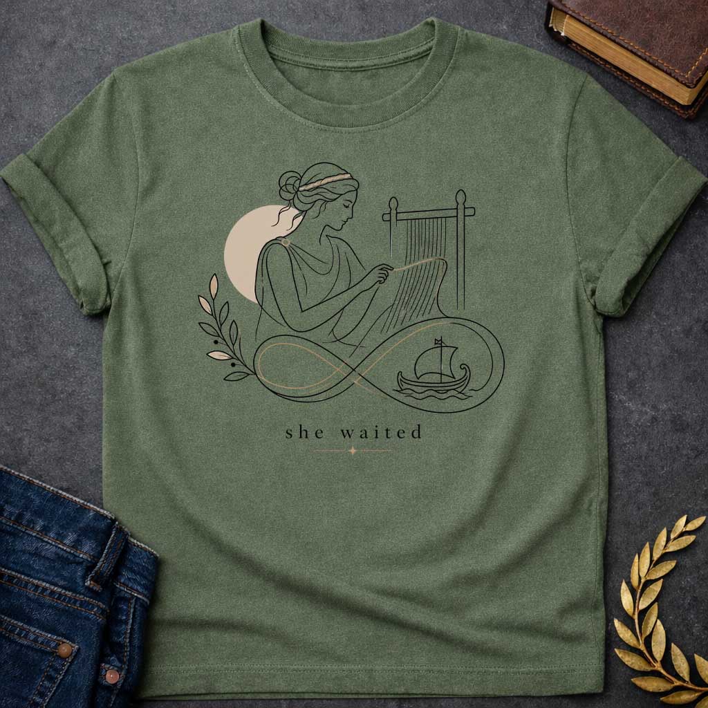 Military Green T-Shirt with a Minimalist line art of Penelope weaving at a loom, wearing classical Greek robes with braided hair. Rendered in elegant black linework with tan accents. An infinity symbol flows from the loom, incorporating an olive branch and Greek ship, symbolizing endless waiting for Odysseus. Text reads 'she waited' in serif font with decorative star. Gentle design honoring Penelope's faithful devotion and patience during her husband's 20-year absence.