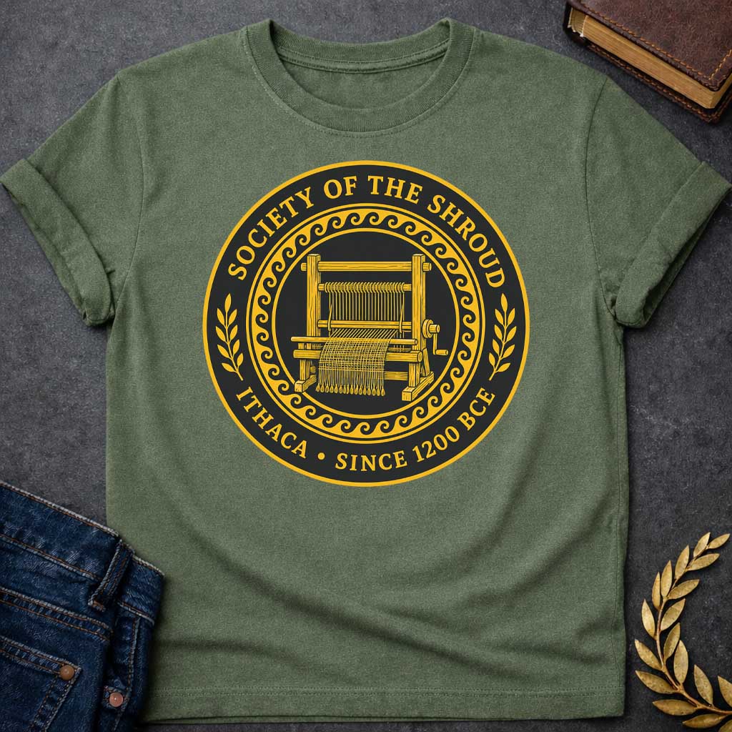 Military Green T-Shirt with a circular emblem in gold and black featuring a detailed weaving loom at the center with partially woven fabric. Enclosed by a decorative wave pattern border. Text reads 'SOCIETY OF THE SHROUD' around the top arc, with 'ITHACA • SINCE 1200 BCE' along the bottom. Wheat sheaf motifs flank either side. References Penelope's famous shroud-weaving from Homer's Odyssey, styled as a formal organizational seal with classical Greek design elements.