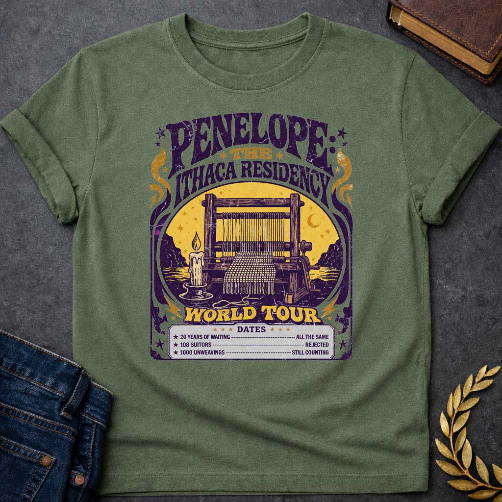 Military Green T-Shirt with a vintage concert poster parody in purple and gold featuring Penelope's loom. Text reads 'PENELOPE: THE ITHACA RESIDENCY' and 'WORLD TOUR' in distressed lettering. Central image shows a wooden loom with candle against a golden circular backdrop with cypress trees. Humorous tour dates list: '20 YEARS OF WAITING - ALL THE SAME', '108 SUITORS - REJECTED', '1000 UNWEAVINGS - STILL COUNTING.' Art Nouveau-style design with decorative flourishes references Penelope's faithful waiting in