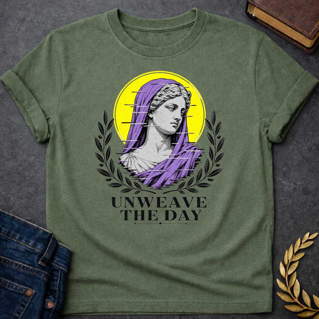 Military Green T-Shirt with a Modern vaporwave-style design featuring a classical Greek statue bust with digital glitch effect. Gray engraved figure wears purple veil against bright yellow circular background. Horizontal black glitch lines disrupt the image. Flanked by black olive branch wreaths. Bold text reads 'UNWEAVE THE DAY' below. References Penelope's nightly unweaving from The Odyssey, reimagined with contemporary digital aesthetic combining ancient Greek art with modern glitch art style.