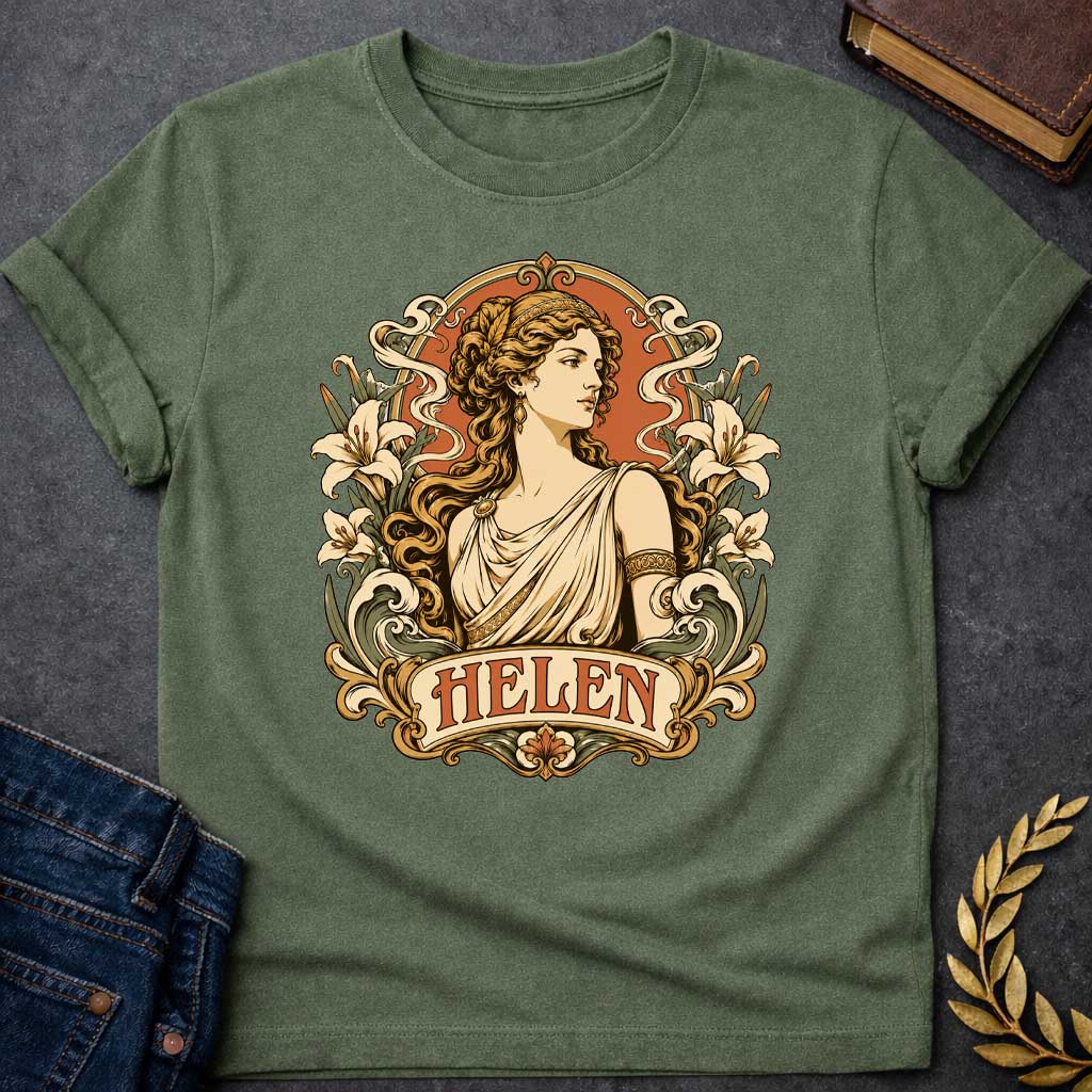 Military Green T-shirt with an Art Nouveau style t-shirt graphic featuring a profile portrait of Helen of Troy. She has flowing wavy hair, a gold headband, and an elegant cream-colored Greek chiton. The design is framed by an ornate, vintage border decorated with blooming white lilies and flowing ribbons. At the bottom, an elegant banner displays the name "HELEN" in an antique font, featuring a warm terracotta and muted green color palette