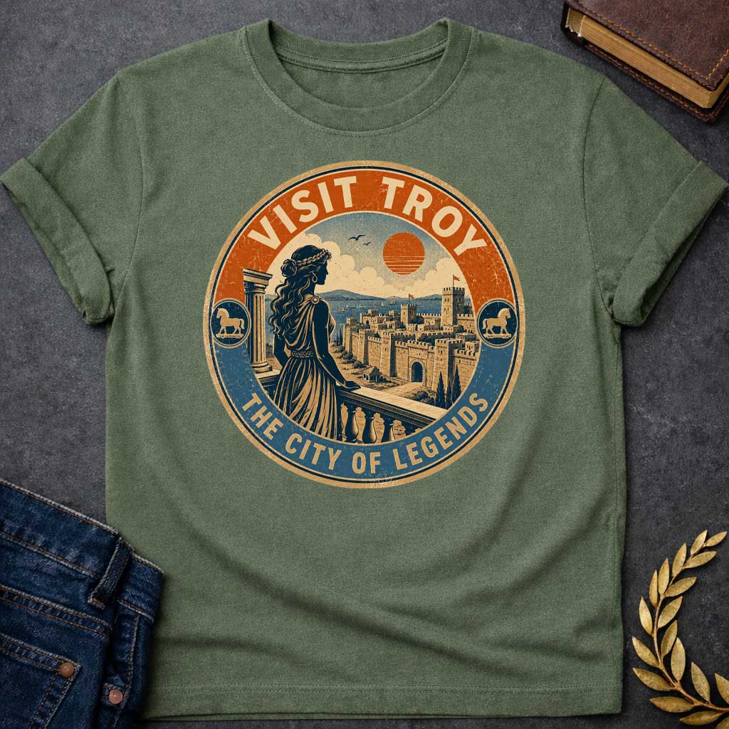 Military Green T-shirt with a vintage, distressed travel-badge style design. A woman in a Greek dress stands on a balcony, looking out at the walled city of Troy, the sea, and a setting orange sun. The circular logo has a textured cream, orange, and blue color palette. The top border reads "VISIT TROY" and the bottom reads "THE CITY OF LEGENDS." Small circular icons featuring the Trojan Horse accent both sides of the frame.