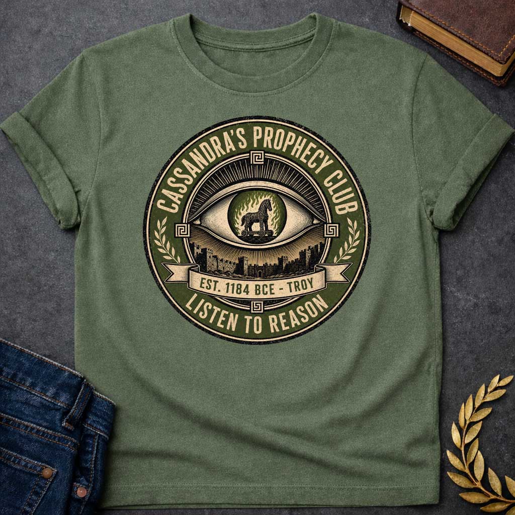Military Green T-shirt with a Vintage circular badge in olive green, cream, and black featuring an all-seeing eye at center with the Trojan Horse surrounded by flames in the pupil. Below the eye are the walls of Troy. Text reads 'CASSANDRA'S PROPHECY CLUB' around the top arc, 'EST. 1184 BCE - TROY' on a banner, and 'LISTEN TO REASON' along the bottom. Wheat sheaves and Greek key patterns decorate the sides. Distressed texture. References Cassandra's ignored warnings about the Trojan Horse.