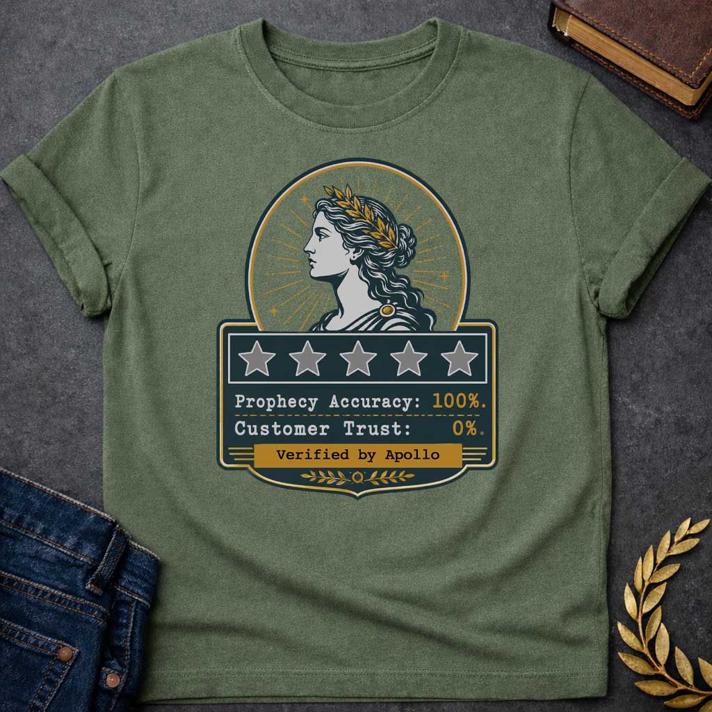 Military Green T-shirt with a satirical Greek mythology badge referencing Cassandra. The top features a vector profile of a woman wearing a gold laurel wreath with a radiant sunburst behind her. Below, a dark plaque displays five empty review stars. The text reads: "Prophecy Accuracy: 100%." and "Customer Trust: 0%." in a typewriter font. A gold banner at the bottom is stamped with "Verified by Apollo."