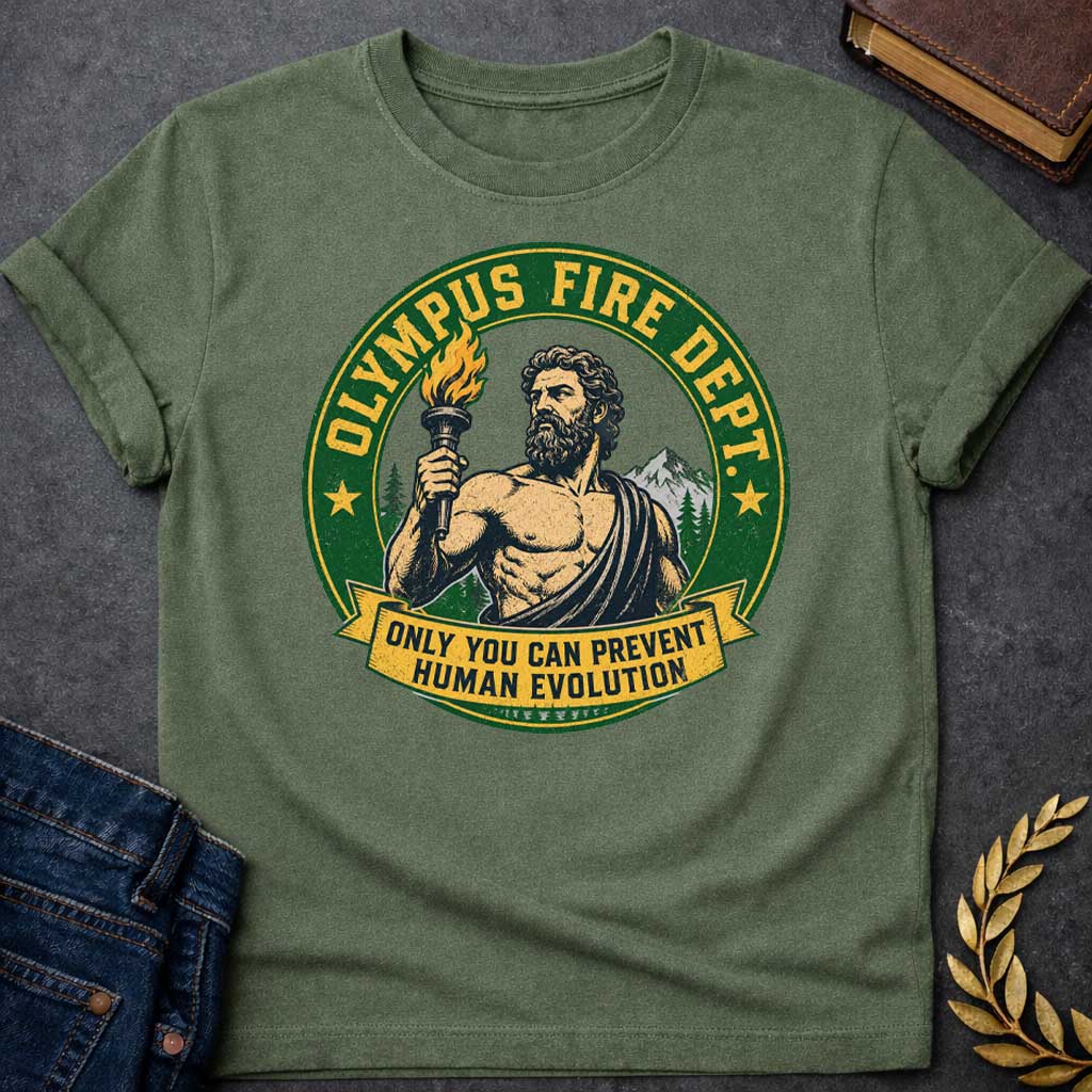 Military Green T-shirt with A satirical national park style badge featuring Prometheus or Zeus holding a burning torch. The central vector portrait is set against mountains and pine trees. A distressed green circular frame reads "OLYMPUS FIRE DEPT." in a bold yellow font flanked by two stars. A yellow banner draped across the bottom features the humorous tagline: "ONLY YOU CAN PREVENT HUMAN EVOLUTION" in clean block letters.