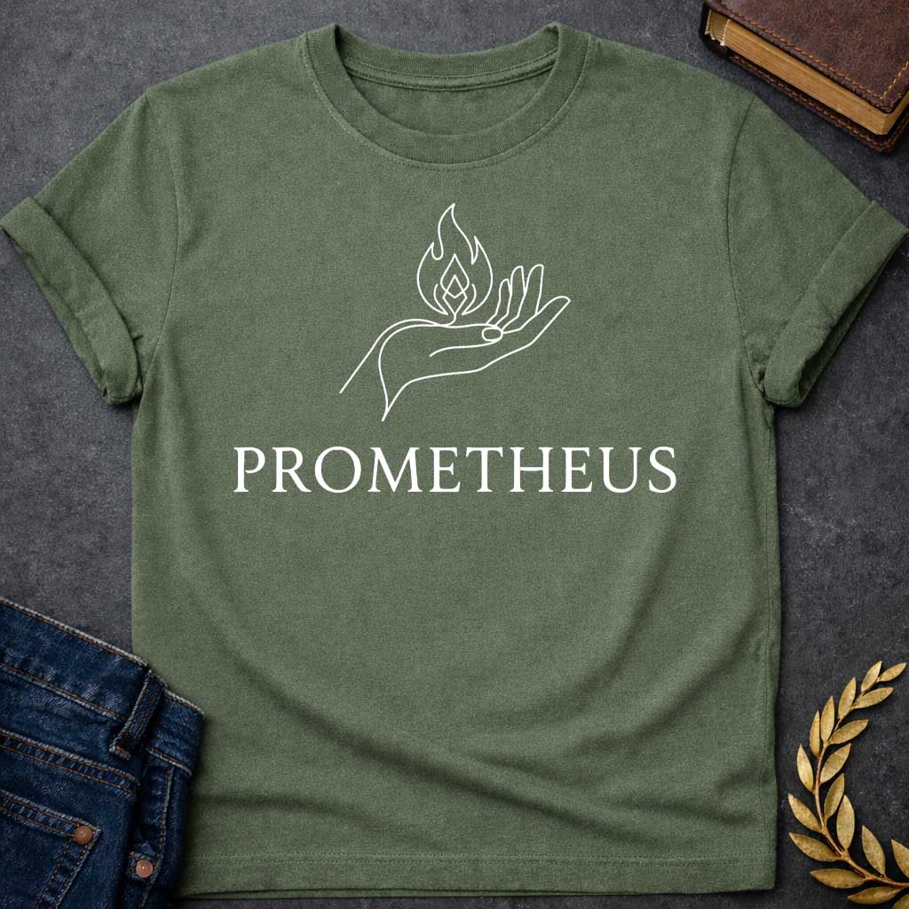 Military Green T-shirt with a Minimalist white line art illustration of an open hand holding a stylized flame above the palm. The continuous line drawing shows graceful fingers and a geometric fire symbol representing the gift of fire. Below, elegant serif text reads 'PROMETHEUS' in black. Clean, modern design references the Greek Titan who stole fire from the gods to give to humanity. Simple, symbolic imagery celebrating knowledge, innovation, and defiance of authority.