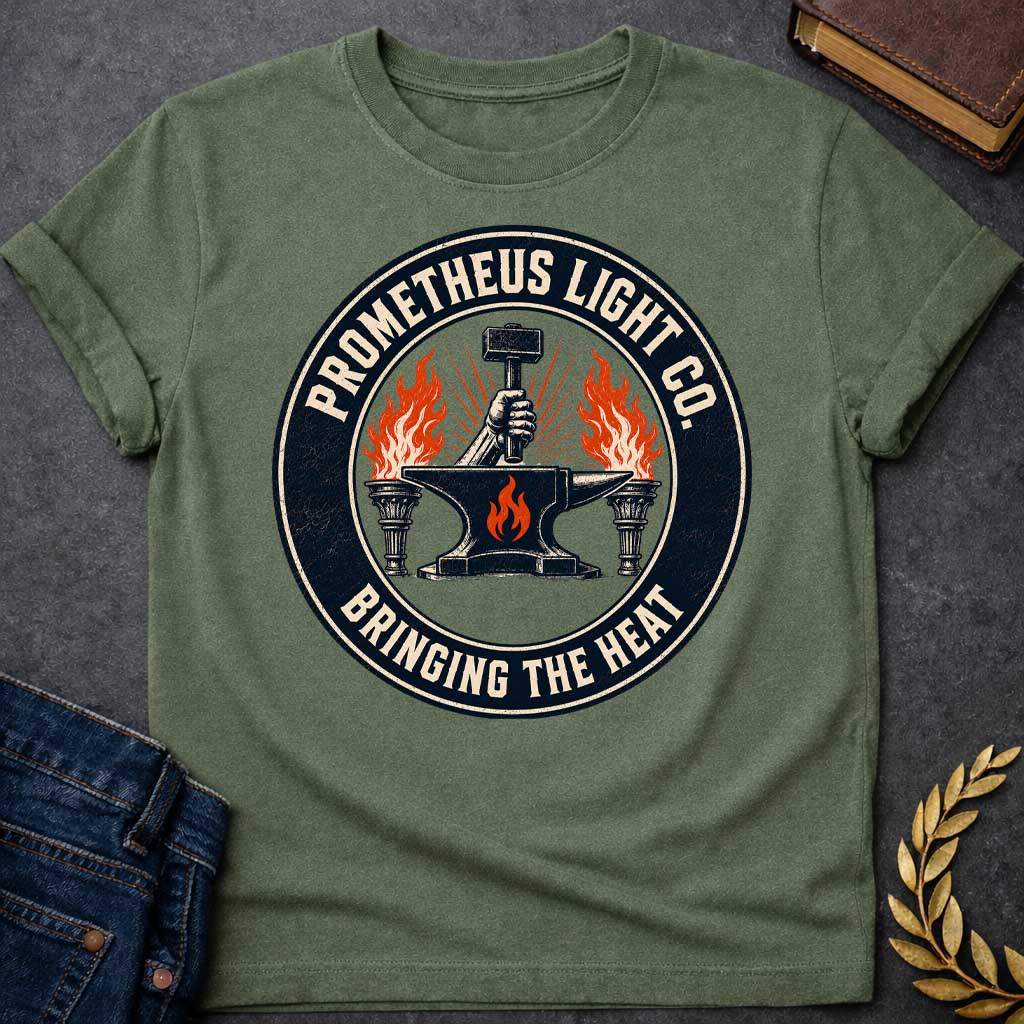 Military Green T-shirt with a vintage, distressed trade-logo style t-shirt design. The central graphic features a hand holding a blacksmith's hammer above a black anvil marked with an orange flame, flanked by two burning torches. A thick, dark circular frame encloses the scene, with cream-colored block text reading "PROMETHEUS LIGHT CO." arched along the top and the tagline "BRINGING THE HEAT" arched along the bottom