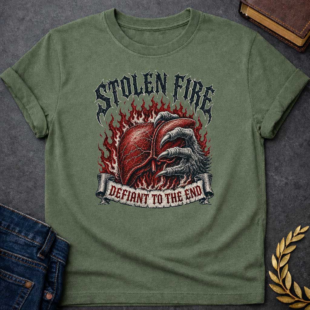 Military Green T-shirt with a heavy metal style graphic referencing Prometheus. It features a detailed, anatomical human liver gripped tightly by a large, feathered eagle claw, set against a background of roaring red flames. At the top, the words "STOLEN FIRE" are written in a jagged, distressed black metal font. A weathered scroll banner across the bottom reads "DEFIANT TO THE END" in a sharp, red gothic typeface.