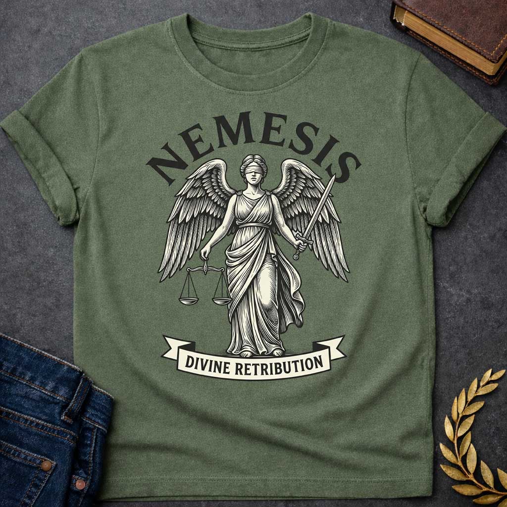 Military Green T-shirt with a Classical engraving-style illustration of Nemesis, the Greek goddess of divine retribution, depicted as a winged female figure in flowing robes. She holds balanced scales of justice in one hand and a sword in the other, symbolizing fair judgment and punishment. Her eyes are blindfolded. Bold text 'NEMESIS' curves above her head, with 'DIVINE RETRIBUTION' on a banner below. Black and cream line art style. References the goddess who ensures justice and punishes hubris.