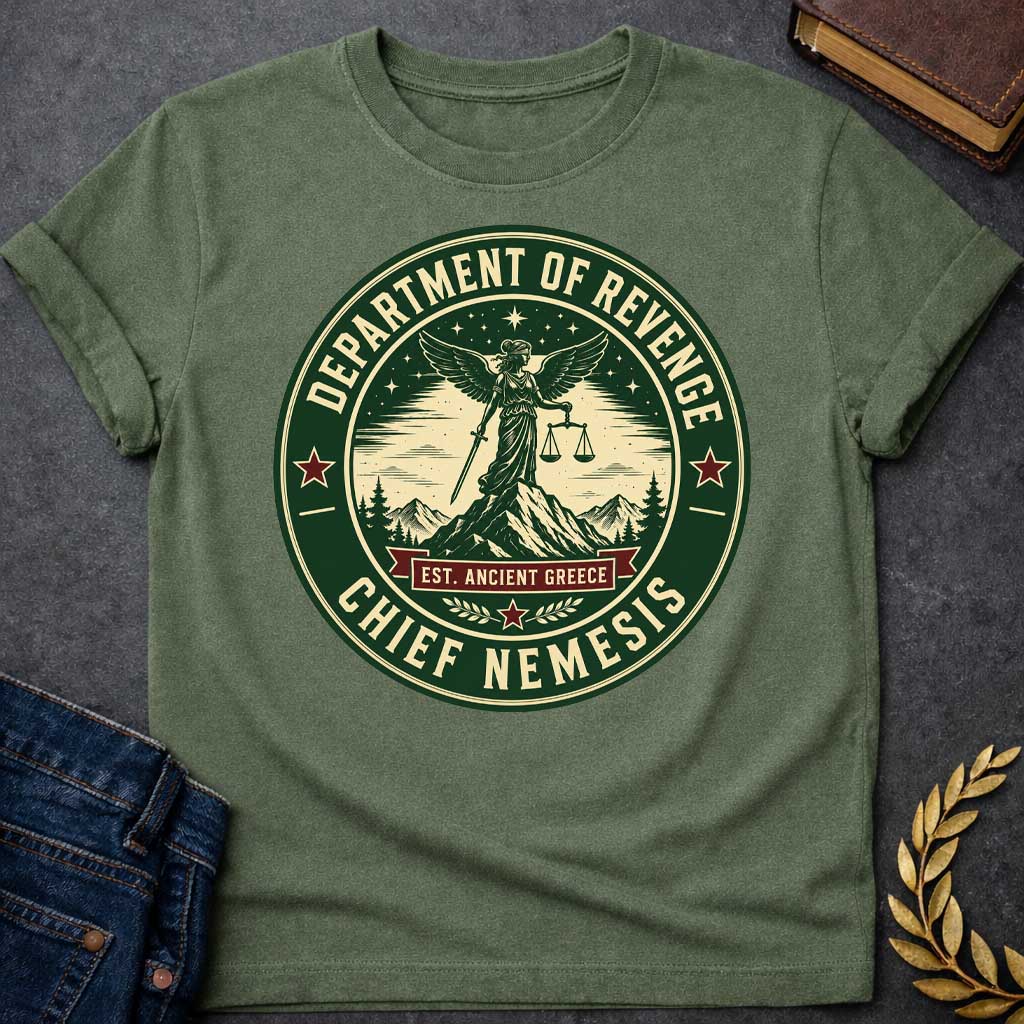 Military Green T-Shirt with an Official seal-style circular design in forest green, cream, and burgundy red. Features Nemesis, the winged Greek goddess, standing on a mountain peak holding scales of justice and a sword. Starry night sky, pine trees, and snow-capped mountains surround her. Text reads 'DEPARTMENT OF REVENGE' at top, 'CHIEF NEMESIS' at bottom, with 'EST. ANCIENT GREECE' on a burgundy banner. Red stars accent the design. Humorous parody of official government seals celebrating divine justice.