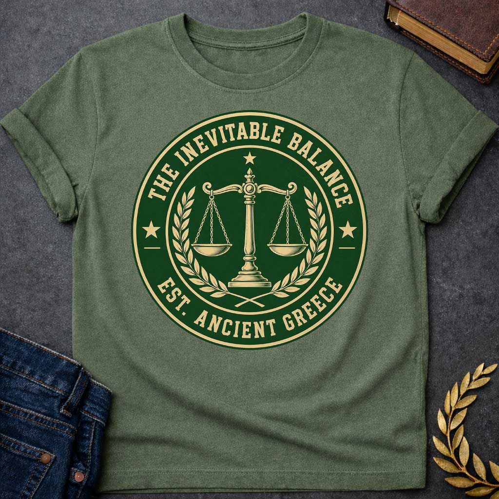 Military Green T-shirt with a Circular seal design in forest green and cream featuring balanced scales of justice at center, with a torch flame above. Olive wreaths frame the scales on either side. Stars appear at cardinal points. Text reads 'THE INEVITABLE BALANCE' around top arc and 'EST. ANCIENT GREECE' along the bottom. Classic emblem style referencing Nemesis, the Greek goddess of divine retribution and cosmic balance. Formal, authoritative design celebrating justice and equilibrium.