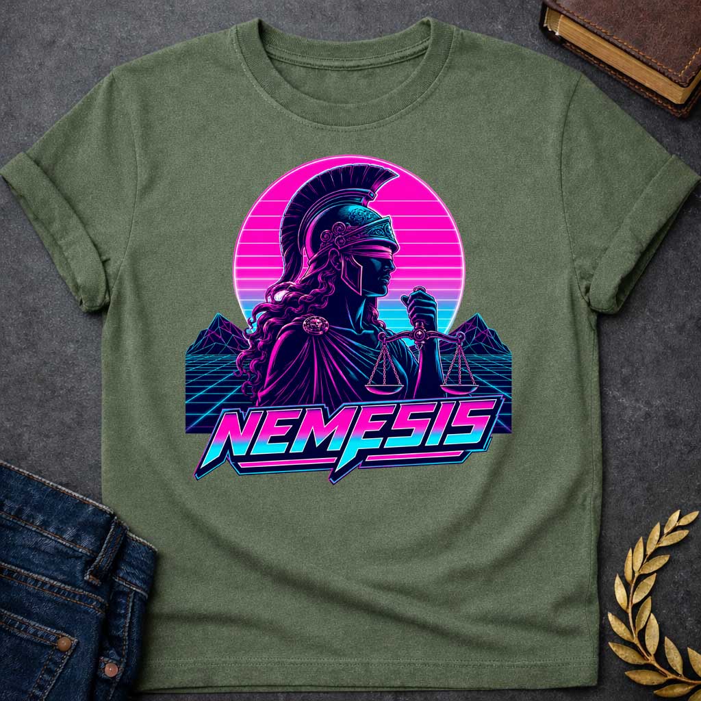 Military Green T-shirt with a vaporwave-style retro illustration of Nemesis, the Greek goddess of divine retribution, rendered in neon magenta, cyan, and purple. She wears a crested Corinthian helmet and flowing robes, holding scales of justice. Behind her, a geometric sun with horizontal gradient stripes in pink and blue. Stylized mountains and grid landscape below. Bold neon text reads 'NEMESIS' in futuristic lettering. 1980s synthwave aesthetic celebrating the goddess of  balance and justice.