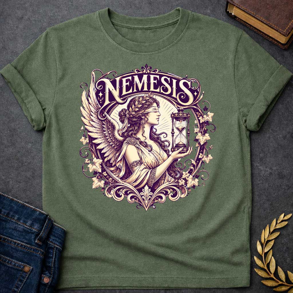 Military Green T-shirt with an Ornate Victorian-style illustration of Nemesis, the Greek goddess of divine retribution, rendered in purple and cream. She wears an ornate headband, flowing robes, and large detailed wings. She holds an hourglass symbolizing time and inevitability. Elaborate Art Nouveau decorative frame features scrolling flourishes, ivy leaves, and flowers surrounding the figure. Ornamental typography reads 'NEMESIS' at top in elegant serif lettering. References the goddess who ensures karmic