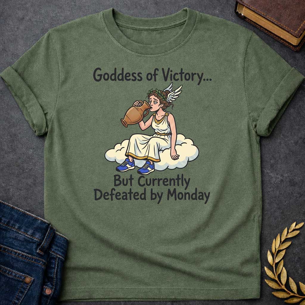 Military Green T-shirt with a humorous cartoon of Nike, the Greek goddess of victory, sitting exhausted on a cloud. She wears a cream chiton with gold trim and laurel wreath, holding a large victory amphora. Modern blue sneakers provide comedic contrast. Text reads 'Goddess of Victory...' above and 'But Currently Defeated by Monday' below. Blends classical Greek mythology with relatable modern humor about Monday exhaustion and weekly workplace struggles.