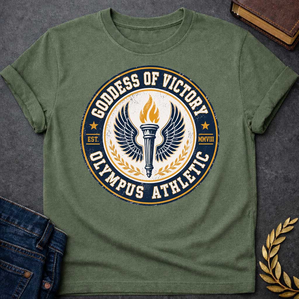 Military Green T-shirt with an Official athletic seal in navy blue, cream, and gold featuring a torch with large outstretched wings symbolizing Nike, the goddess of victory. Flames burn from the torch. Olive wreaths frame either side. Text reads 'GODDESS OF VICTORY' and 'OLYMPUS ATHLETIC' around the circular border with 'EST. MMVIII.' Distressed vintage texture and gold stars enhance the emblem. Celebrates athletic achievement and triumph.
