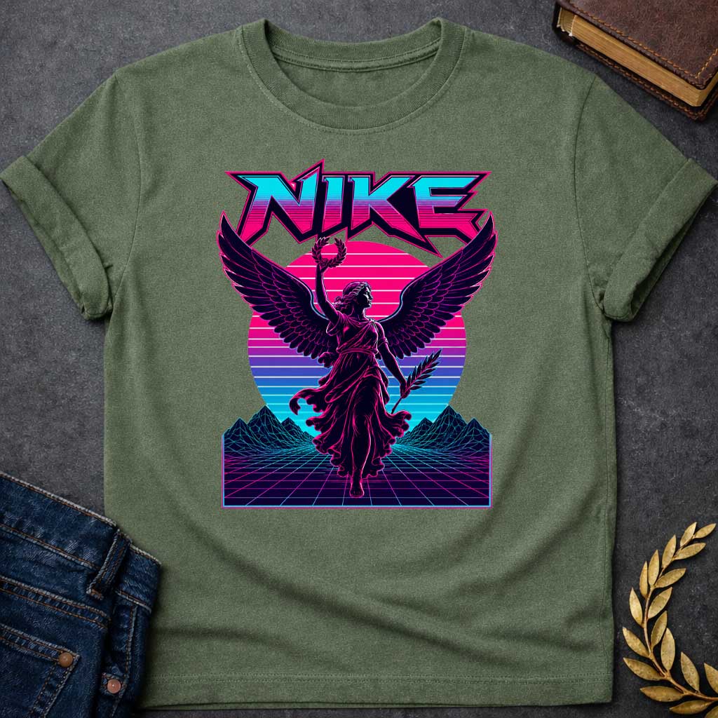 Military Green T-shirt with a Vaporwave-style illustration of Nike, the Greek goddess of victory, rendered in neon magenta and cyan. She wears flowing robes with large detailed wings, holding a laurel wreath and palm frond. Bold angular text 'NIKE' appears above in magenta lettering. Geometric mountains and grid landscape create a synthwave aesthetic. Horizontal gradient bands in magenta, purple, and cyan evoke 1980s digital design. Blends classical mythology with modern vaporwave art.