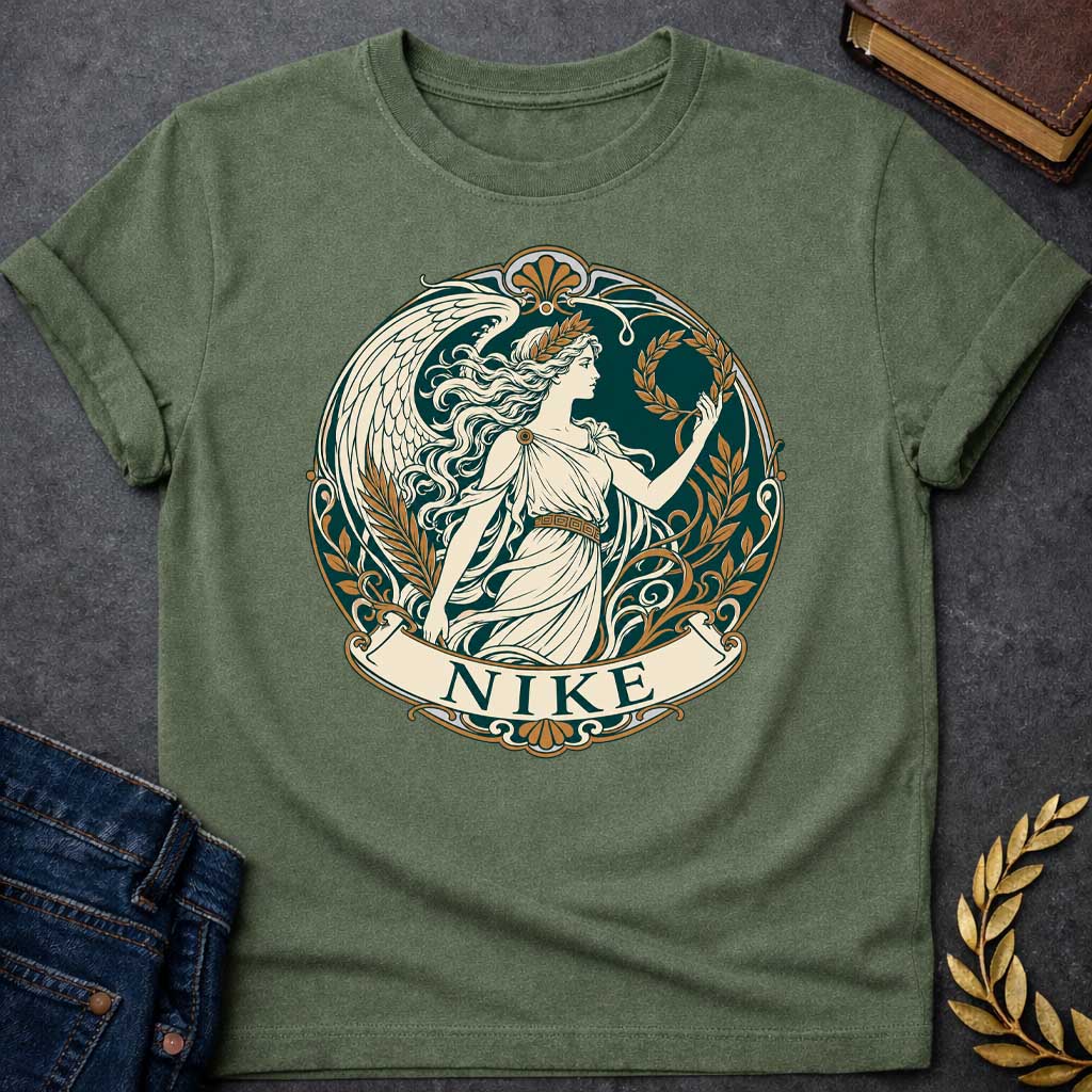 Military Green T-shirt with a Classical medallion design in teal, cream, and gold depicting Nike, the Greek goddess of victory. She wears a flowing chiton and holds a laurel wreath, shown in profile with long wavy hair crowned by another laurel wreath. Large detailed wings extend behind. Ornate Art Nouveau border features scrollwork, gold floral elements, and Greek key patterns. Banner below reads 'NIKE' in teal. Celebrates victory, achievement, and athletic glory in classical style.