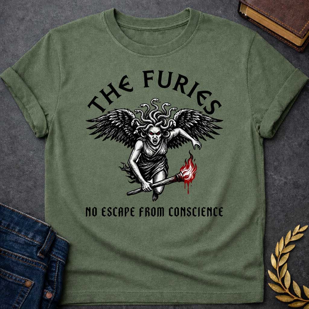 Military Green T-shirt with a Dramatic illustration of the Furies, the Greek goddesses of vengeance and punishment. A winged female figure with serpents for hair and red glowing eyes holds a flaming torch. Bold black engraving style with red flame accents. Large dark wings extend from her back, and her expression is fierce and angry. Text reads 'THE FURIES' above and 'NO ESCAPE FROM CONSCIENCE' below. References the Erinyes, divine agents of justice pursuing the guilty.