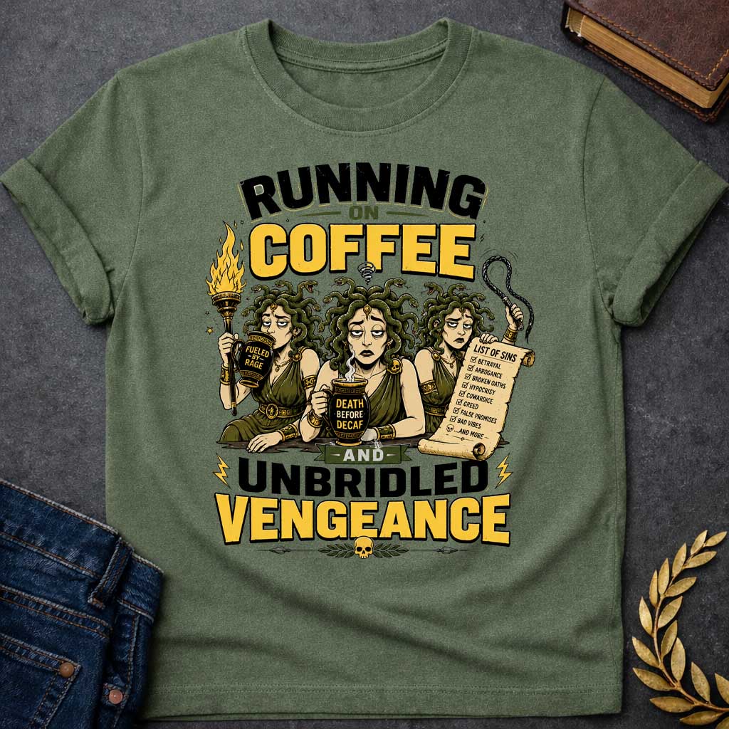 Military Green T-shirt with a Humorous illustration blending Greek mythology with coffee culture. Three Furies with serpent hair wear classical robes holding symbols of vengeance. Left holds a flaming torch labeled 'Fueled by Rage,' center holds a coffee cup reading 'Death Before Decaf,' right carries a scroll listing sins. Text reads 'Running on Coffee and Unbridled Vengeance' above and below. Gold and black scheme celebrates divine justice powered by caffeine addiction.